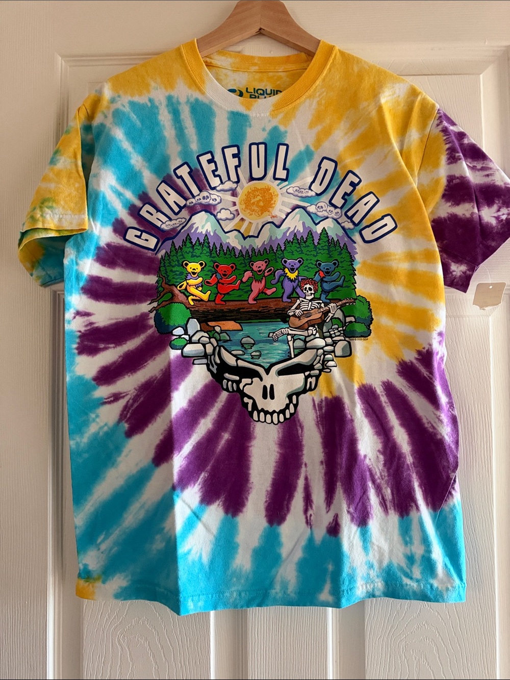 Grateful Dead Liquid Blue Yellow Blue Purple Tie-Dye Dancing Bears Graphic Tee